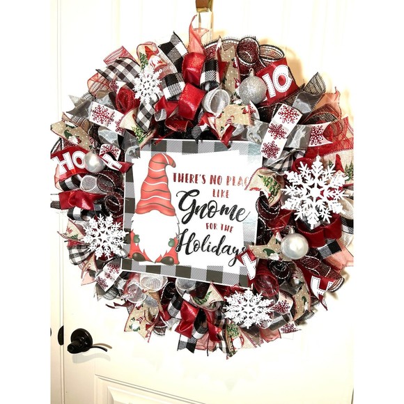 Handmade Christmas Gnome for the Holidays Ribbon Door Wreath 26 ins LED XLW7 - Picture 3 of 11